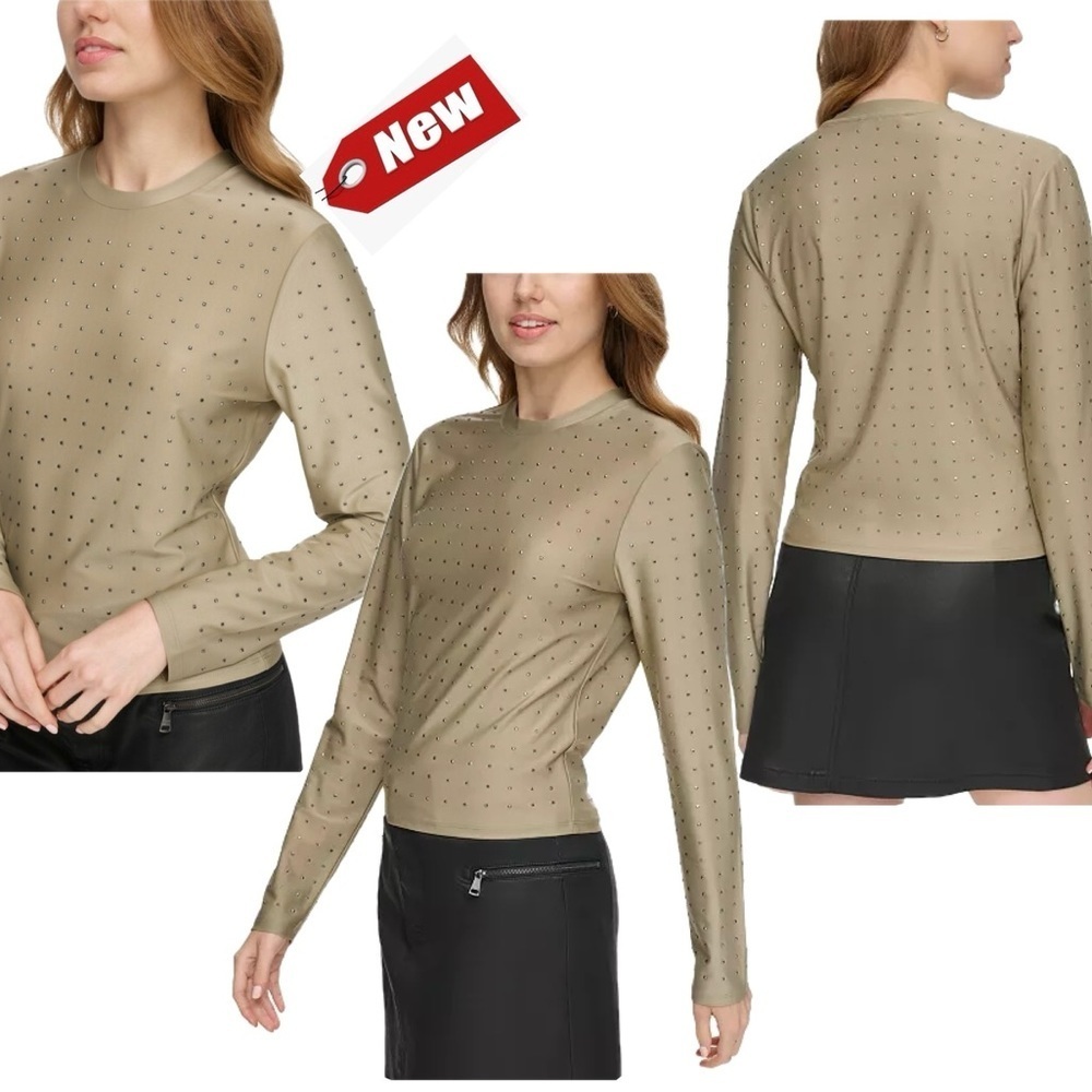 DKNY JEANS Women's Studded Crewneck Long-Sleeve Top Sz M NWT